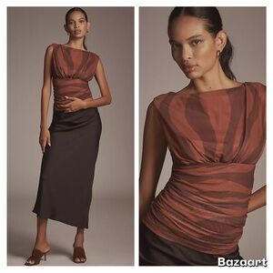 NWT By Anthropologie Sleeveless Ruched V-Neck Mesh Top Sz L